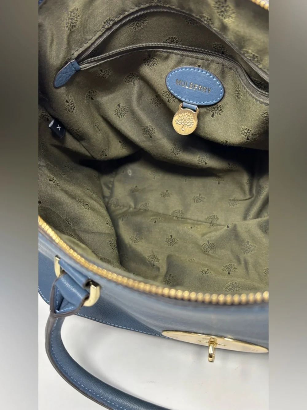 Mulberry Del Rey Slate Blue Leather Satchel Top Handle Bag Gold Hardware Medium
